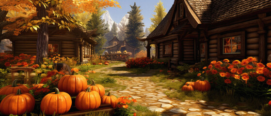 Halloween spooky background, scary jack o lantern pumpkins in creepy dark Happy Haloween ghosts horror mysterious night village street garden with old haunted house mystic backdrop.