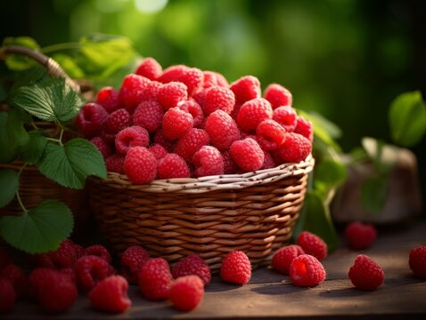 Fresh Organic Raspberry Berry Photorealistic Horizontal Illustration. Healthy Vegetarian Diet. Ai Generated bright Illustration in Nature Background. Juicy Raspberry Berry.