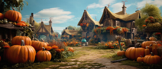 Halloween spooky background, scary jack o lantern pumpkins in creepy dark Happy Haloween ghosts horror mysterious night village street garden with old haunted house mystic backdrop.