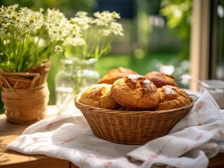 Freshly Baked Muffin Pastry Photorealistic Horizontal Illustration. Crusty Pastry, Gourmet Bakery. Ai Generated bright Illustration in Nature Background. Traditional Muffin Pastry.