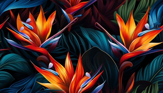 Exotic Tropical Flowers Bird Of Paradise (strelitzia) Red Color Blue Palm Leaves Dark Night Jungle Background