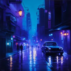 Fototapeta na wymiar Midnight Splendor: A Vibrant Street Scene in Oil Painting.