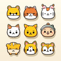 Fototapeta premium Set of animal faces, face emojis, stickers, emoticons,cartoon funny mascot characters face set