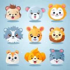 Fototapeta premium Set of animal faces, face emojis, stickers, emoticons,cartoon funny mascot characters face set