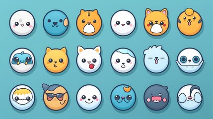 Set of animal faces, face emojis, stickers, emoticons,cartoon funny mascot characters face set