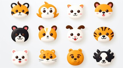 Obraz premium Set of animal faces, face emojis, stickers, emoticons,cartoon funny mascot characters face set