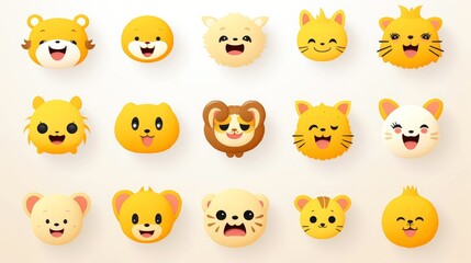 Set of animal faces, face emojis, stickers, emoticons,cartoon funny mascot characters face set