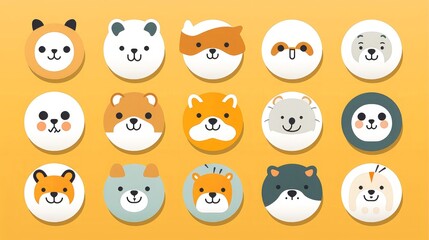 Set of animal faces, face emojis, stickers, emoticons,cartoon funny mascot characters face set