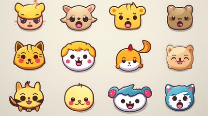 Fototapeta premium Set of animal faces, face emojis, stickers, emoticons,cartoon funny mascot characters face set