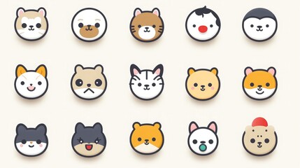 Set of animal faces, face emojis, stickers, emoticons,cartoon funny mascot characters face set