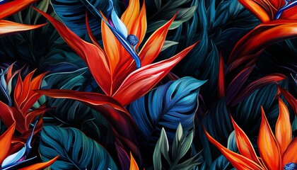 Exotic tropical flowers bird of paradise (strelitzia) red color blue palm leaves dark night jungle background - obrazy, fototapety, plakaty