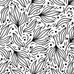 Branch with leaves seamless vector pattern. Twigs of a wild or garden tree, polka dots. Meadow herb in water. Simple doodle, botanical sketch. Black and white floral background for print, fabric, web