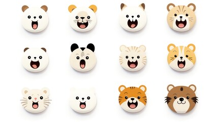 Set of animal faces, face emojis, stickers, emoticons,cartoon funny mascot characters face set