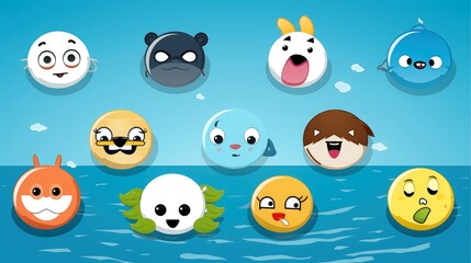 Set of animal faces, face emojis, stickers, emoticons,cartoon funny mascot characters face set