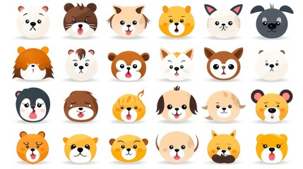 Obraz premium Set of animal faces, face emojis, stickers, emoticons,cartoon funny mascot characters face set