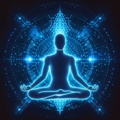 yoga lotus pose, blue neural connection lines and glowing dots, binary, Generative ai