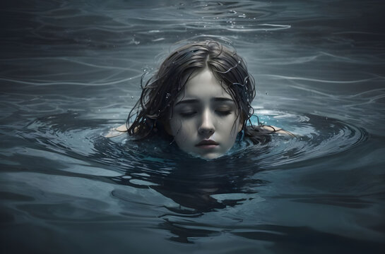 portrait of a Beautiful young woman in the dark water, the concept of 'Drowning Metaphor' as a representation of depression, Illustrates a person submerged in water, struggling to reach the surface
