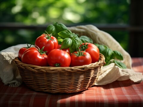 Delicious Tomato and Basil Food Combination Photorealistic Horizontal Illustration. Fresh Summer Flavor. Ai Generated bright Illustration in Nature Background. Aromatic Tomato and Basil.