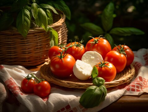 Delicious Fresh Tomato and Mozzarella Photorealistic Horizontal Illustration. Classic and Refreshing Italian Duo. Ai Generated bright Illustration in Nature Background. Tomato and Mozzarella.
