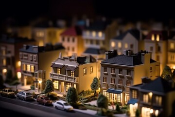 Nighttime miniature townhouse neighborhood with contemporary style and tilt-shift focus technique. Generative AI