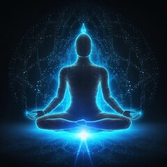 yoga lotus pose, blue neural connection lines and glowing dots, binary, Generative ai