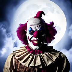 Scary clown in costume in the night with full moon, Halloween horror