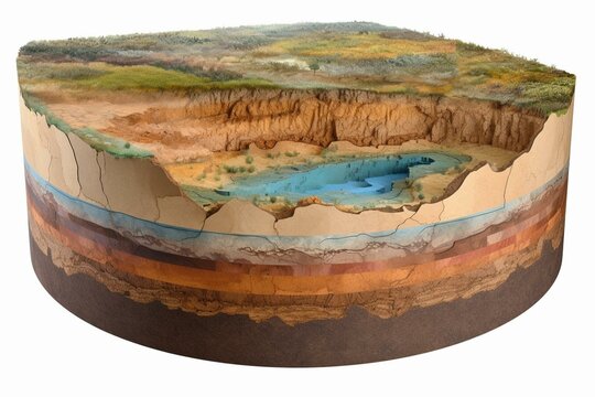 Circular image of cross section showing soil layers and terrain with cutaway floor. Generative AI