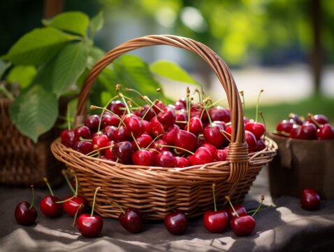 Fresh Organic Cherry Fruit Photorealistic Horizontal Illustration. Healthy Vegetarian Diet. Ai Generated bright Illustration in Nature Background. Juicy Cherry Fruit.