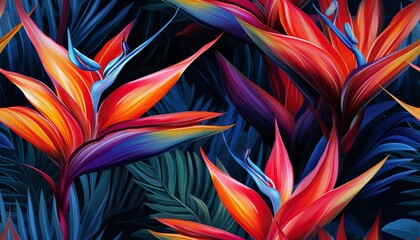 Exotic tropical flowers bird of paradise (strelitzia) red color blue palm leaves dark night jungle background