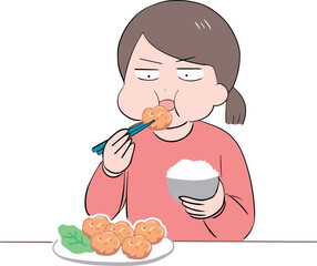 唐揚げとご飯を食べる私服の若い女性(上半身)