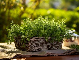 Aromatic Thyme Herbs Photorealistic Horizontal Illustration. Healthy Vegetarian Diet. Ai Generated bright Illustration in Nature Background. Aromatic Thyme Herbs.