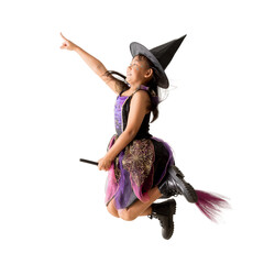 Cute asian girl Wear witch clothes with flying jumping with broom Halloween concept, full body...