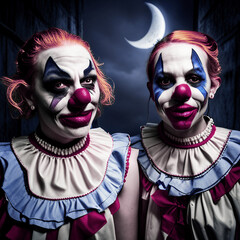 Creepy twin clowns at night with crescent moon, Halloween horror