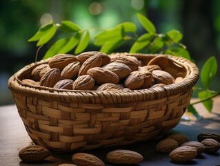 Organic Pecan Nuts Photorealistic Horizontal Illustration. Nutritious Vegetarian Protein Snack. Ai Generated bright Illustration in Nature Background. Tasty Pecan Nuts.