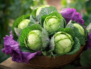 Fresh Organic Cabbage Vegetable Photorealistic Horizontal Illustration. Healthy Vegetarian Diet. Ai Generated bright Illustration in Nature Background. Juicy Cabbage Vegetable.