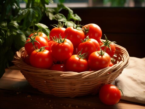 Fresh Organic Tomato Vegetable Photorealistic Horizontal Illustration. Healthy Vegetarian Diet. Ai Generated bright Illustration in Nature Background. Juicy Tomato Vegetable.