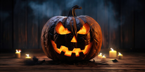 Halloween night. Candle lit Halloween Pumpkins. Halloween Backdrop with spooky pumpkins. Post-processed generative AI