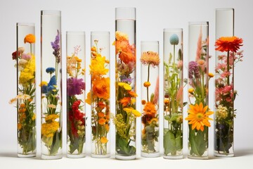 Colorful flowers displayed in glass tubes on a plain white background. Generative AI