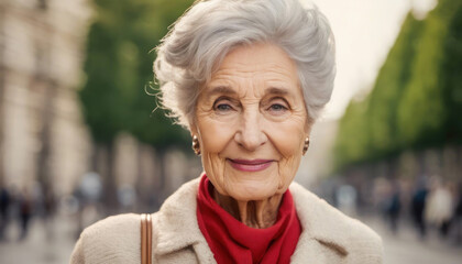 Beautiful elderly lady outdoors in the city with copy space
