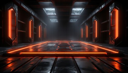 futuristic studio stage set in a dark. Showcase neon LED lasers casting an orange glow on the reflective, cyber theme