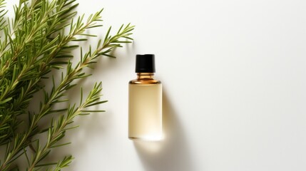 Top view of a cosmetic bottle of rosemary essential oil with rosemary on white background.