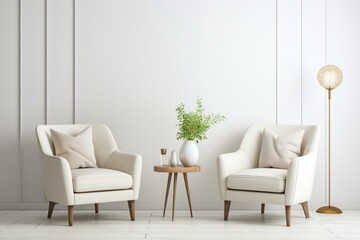 Cozy armchairs in a trendy modern room with creamy accents. Empty Scandinavian luxury lounge with a white painted wall background. Generative AI