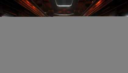 futuristic studio stage set in a dark. Showcase neon LED lasers casting an orange glow on the reflective, cyber theme