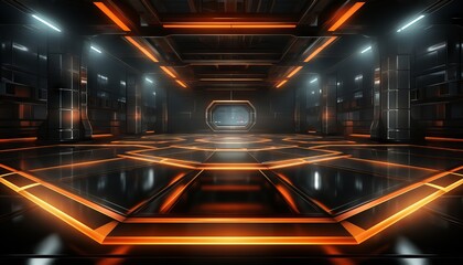 futuristic studio stage set in a dark. Showcase neon LED lasers casting an orange glow on the reflective, cyber theme