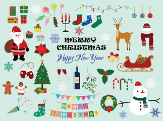 Christmas collection illustration vector in cartoon style. 30+ traditional Christmas and New Year elements