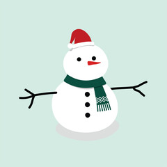 Christmas illustration flat vector in cartoon style. Snowman with red hat and green scarf. Merry Christmas. For Christmas cards, banners, tag, labels, background.