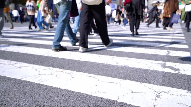 Large crowds of people walking Shibuya's scramble crossing [low angle]