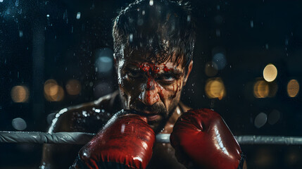 Close-up of an intense male fighter with raised gloves, holding onto the ropes in the boxing ring with a sweaty and bloodied face - obrazy, fototapety, plakaty