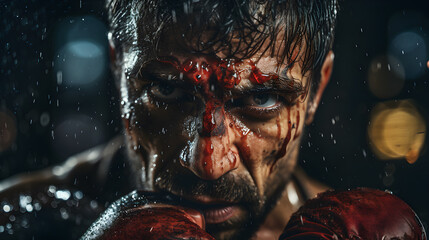 Injured boxer with an intense stare. Blood is running down sweaty face with his boxing gloves up