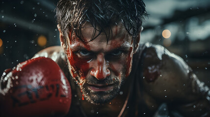 Close-up of a determined male boxer with raised gloves. Sweaty and bloodied face - obrazy, fototapety, plakaty